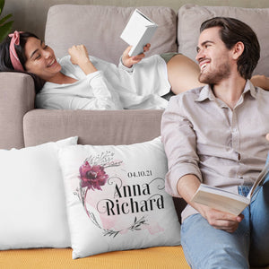 Kissen Kissenhülle "Hochzeit Flower" bedruckt personalisiert Vornamen und Datum mit u. ohne Füllung Geschenkidee