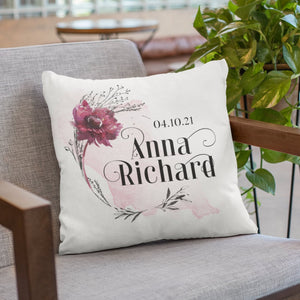 Kissen Kissenhülle "Hochzeit Flower" bedruckt personalisiert Vornamen und Datum mit u. ohne Füllung Geschenkidee