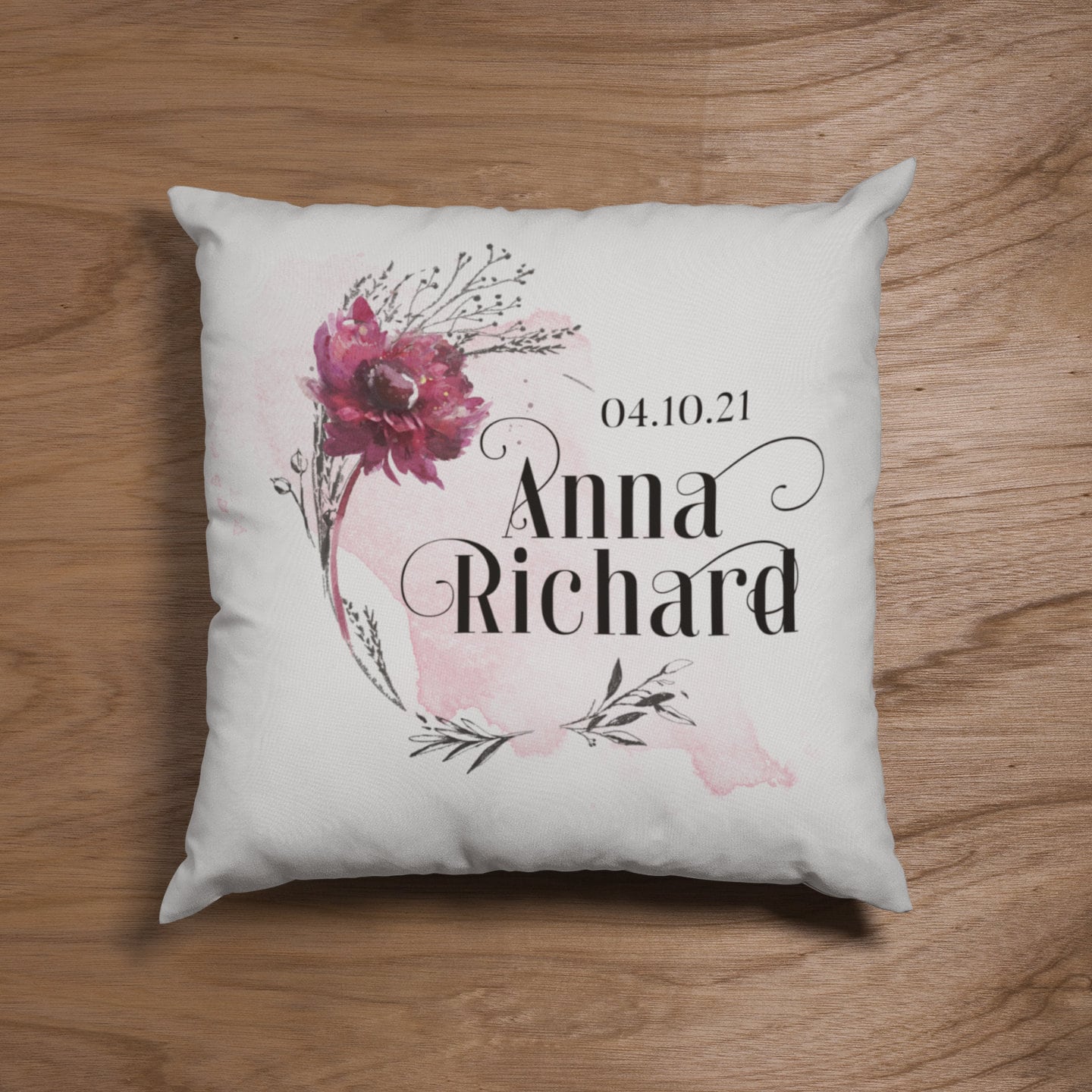 Kissen Kissenhülle "Hochzeit Flower" bedruckt personalisiert Vornamen und Datum mit u. ohne Füllung Geschenkidee