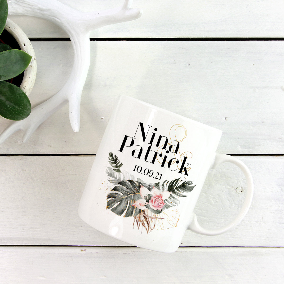 individuelle Tasse Kaffeebecher Keramiktasse Hochzeit, Heirat, Jahrestag mit Namen und Datum personalisiert