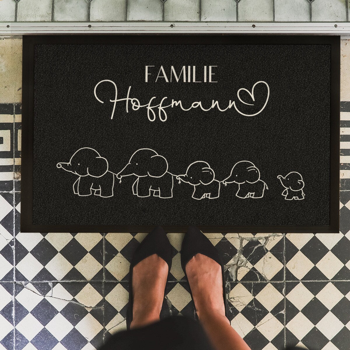 Fußmatte Elefanten-Familie -personalisiert mit Familienname und Familienmitgliedern