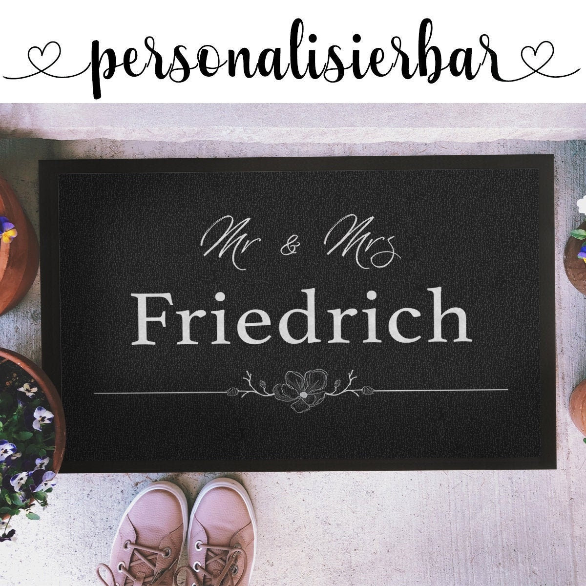 Personalisierte Fußmatte Mr & Mrs Flower Hochzeit