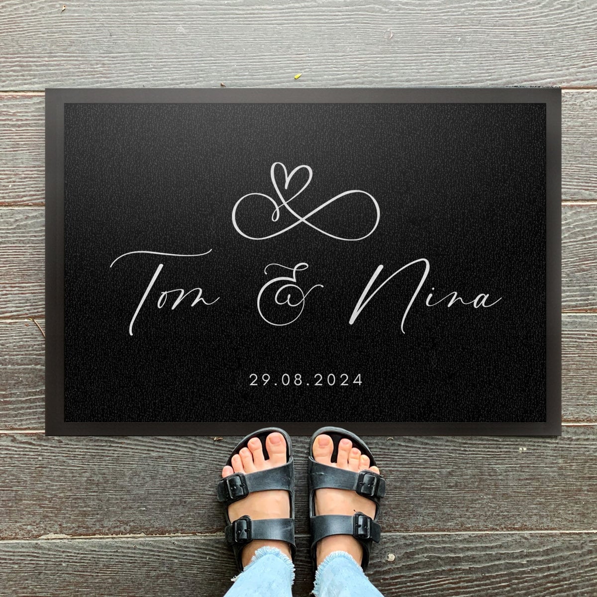 personalisierte Fußmatte Herz unendlich - Hochzeit, Heirat mit Name und Datum,
