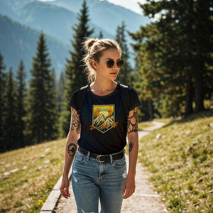 Damen Tshirt in schwarz der Berg ruft mit Schriftzug und Bergen im Hintergrund