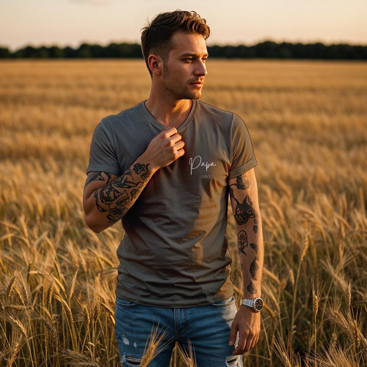 Papa TShirt 2025 khaki, Papa Shirt personalisiert mit Namen und Jahreszahl