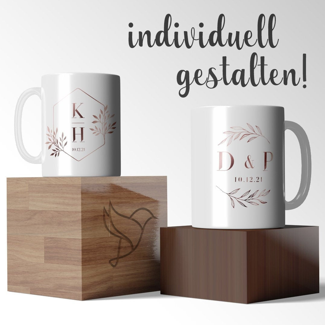 individuelle Tasse Kaffeebecher Keramiktasse Hochzeit, Heirat, Jahrestag mit Initialen und Datum personalisiert