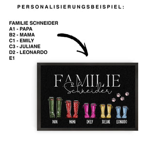 personalisierte Fußmatte Stiefel - komplett individuell für Familie mit Familienname und Familienmitglieder