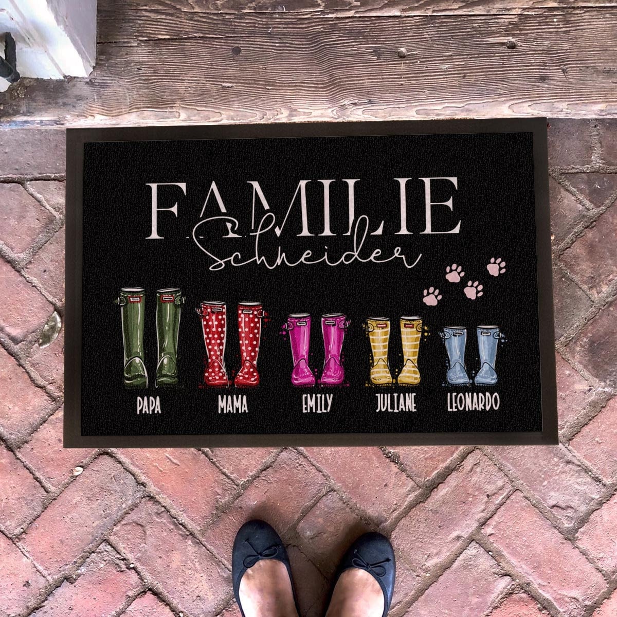 personalisierte Fußmatte Stiefel - komplett individuell für Familie mit Familienname und Familienmitglieder